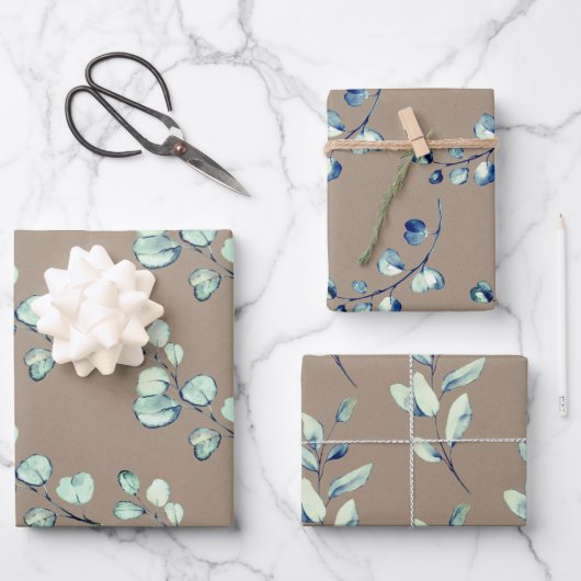 Rustic Kraft Silver Green Eucalyptus Sprigs Inpakpapier Vel (Voorkant)