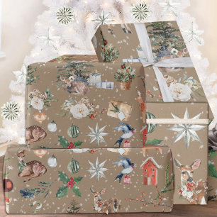 Rustic Kraft Snowy Reindeer & Alles Kerstmis Cadeaupapier