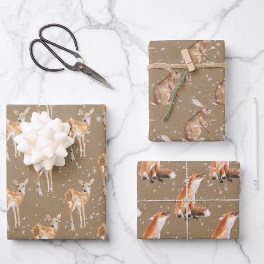 Rustic Kraft Snowy Winter Animals Inpakpapier Vel (Voorkant)