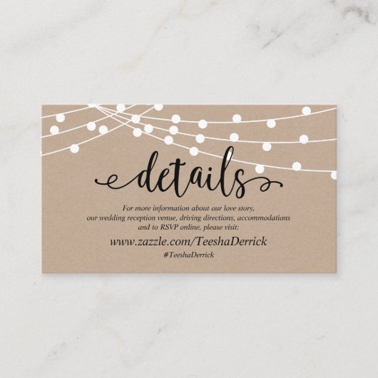 Rustic kraft string light, Wedding Details website Informatiekaartje (Voorkant)