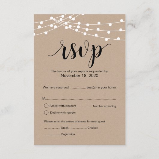 Rustic Kraft String Lights bruiloft Rsvp antwoordk Informatiekaartje (Voorkant)
