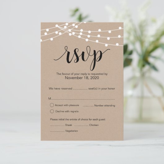 Rustic Kraft String Lights bruiloft Rsvp antwoordk Informatiekaartje (Staand voorkant)
