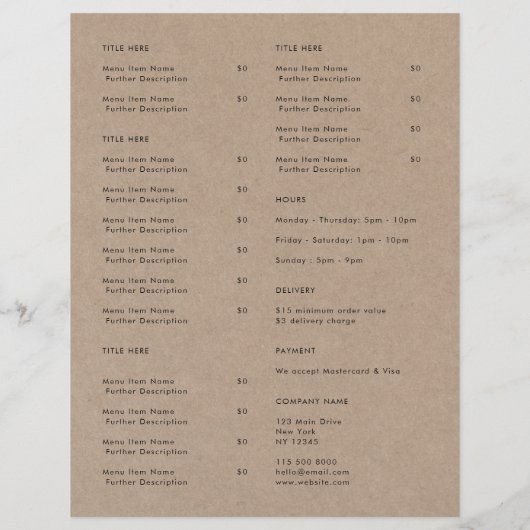 Rustic Kraft Takeout | Menu Restaurant Takeaway (Achterkant)