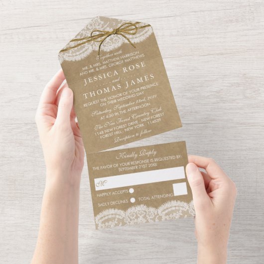 Rustic Kraft & Twine Bow Wedding All In One Uitnodiging (Afscheurbaar)