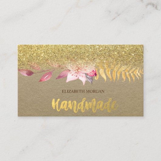 Rustic, Kraft, Waterverf Flower, Glitter Ombre Visitekaartje (Voorkant)