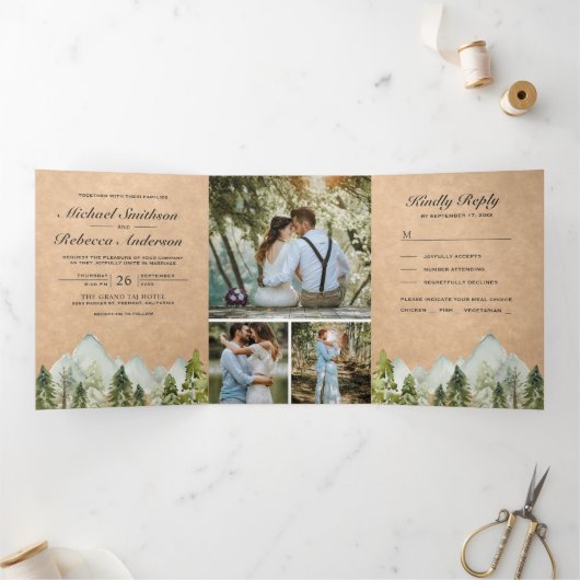 Rustic Kraft Waterverf Mountain Pine Tree Wedding Drieluik Uitnodiging (Binnen)