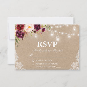 Rustic Kraft Wedding Lights Jars Lace Floral RSVP Kaartje