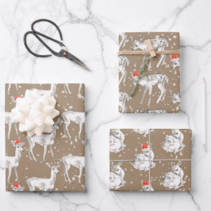 Rustic Kraft White Baby Doe Reindeers Santa Hat Inpakpapier Vel