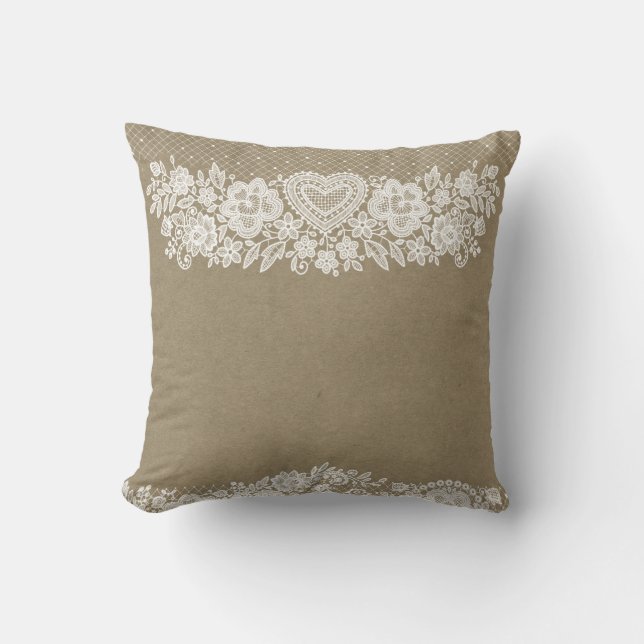 Rustic Kraft & White Lace Lacy Farmhouse Chic Kussen (Voorkant)