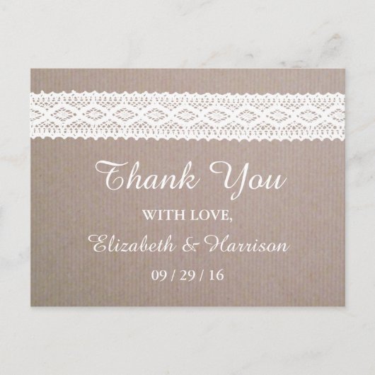 Rustic Kraft &  White Lace Wedding Briefkaart (Voorkant)