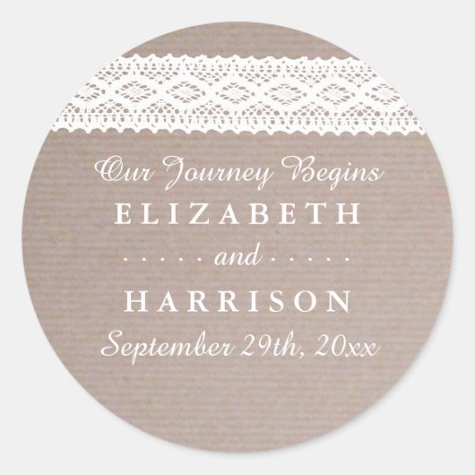 Rustic Kraft &  White Lace Wedding Favor Ronde Sticker (Voorkant)