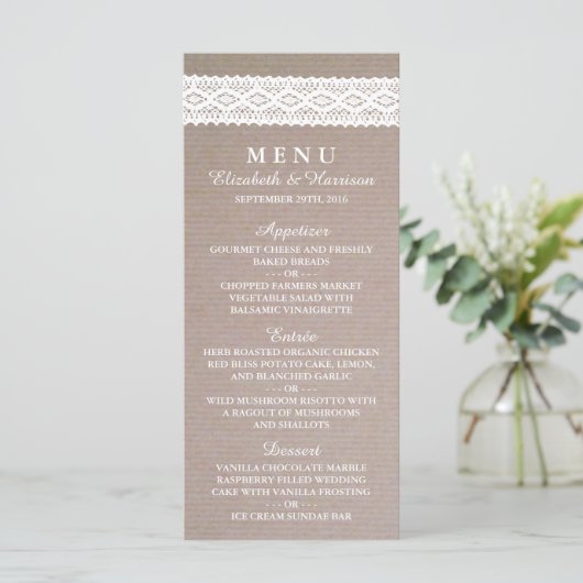 Rustic Kraft &  White Lace Wedding Menu (Staand voorkant)