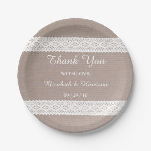 Rustic Kraft &  White Lace Wedding Papieren Bordje