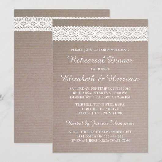Rustic Kraft, White Lace Wedding Rehearsal Dinner Kaart (Voorkant / Achterkant)
