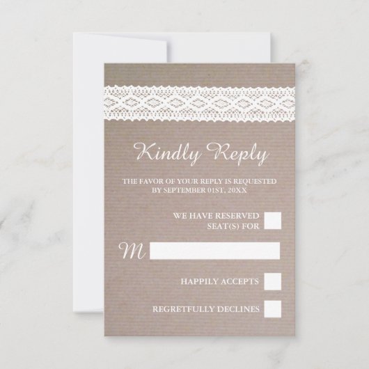 Rustic Kraft &  White Lace Wedding RSVP Kaartje (Voorkant)