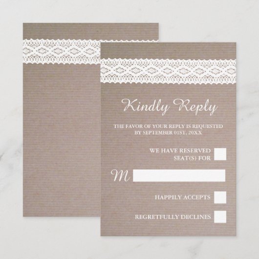 Rustic Kraft &  White Lace Wedding RSVP Kaartje (Voorkant / Achterkant)