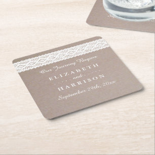 Rustic Kraft &  White Lace Wedding Vierkante Kartonnen Onderzetter