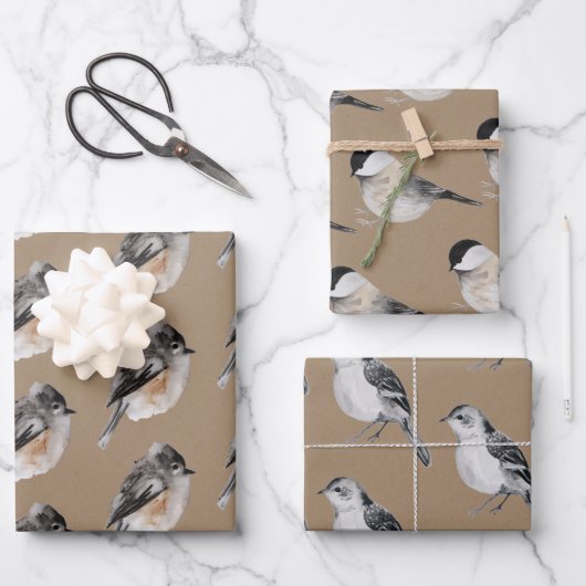 Rustic Kraft Winter Birds Sparrows Chickadees Inpakpapier Vel (Voorkant)