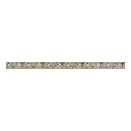 Rustic Kraft Winter Chickadees op Spruce Branch Grosgrain Lint (Voorkant)