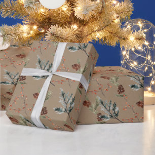 Rustic Kraft Winter Spruce Cones & Berries Small Cadeaupapier