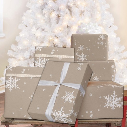 Rustic Kraft Winter White Falling Snowflakes Matte Inpakpapier Vel
