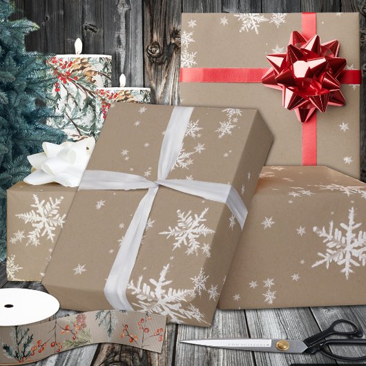 Rustic Kraft Winter White Snowflakes Matte Cadeaupapier
