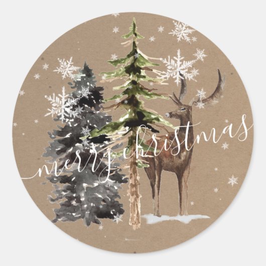 Rustic Kraft Winter Woodland Kerst Ronde Sticker (Voorkant)