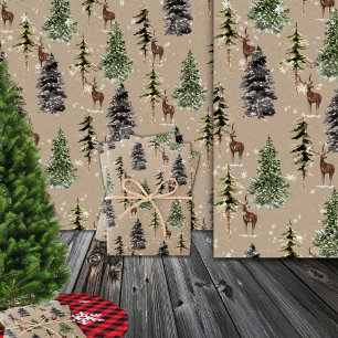 Rustic Kraft Winter Woodland Spruce Trees & Deer Cadeaupapier