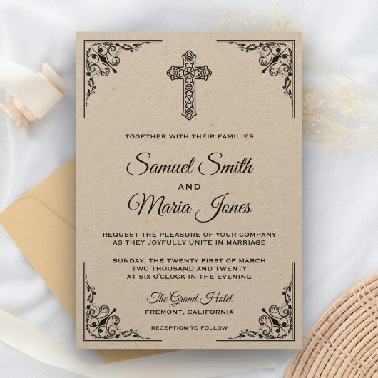 Rustic Kraft Zwart  Cross Wedding Invitation Kaart