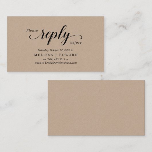 Rustic Kraft, zwart script, RSVP reageren Informatiekaartje (Voorkant / Achterkant)
