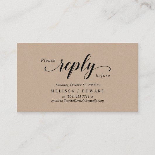 Rustic Kraft, zwart script, RSVP reageren Informatiekaartje (Voorkant)