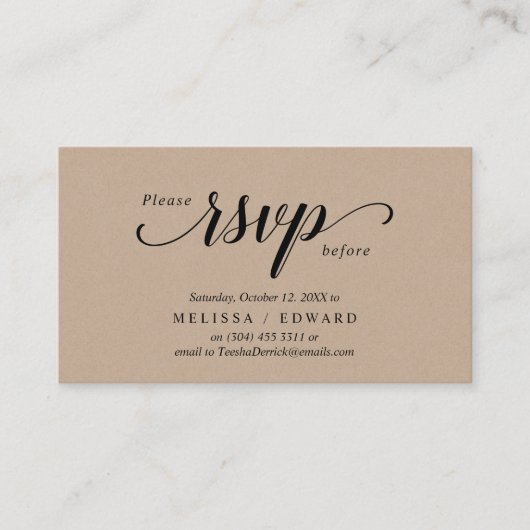 Rustic Kraft, zwart script, RSVP reageren Informatiekaartje (Voorkant)