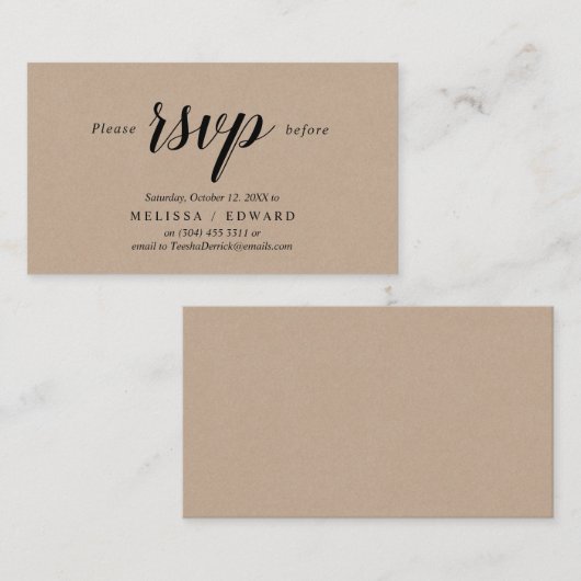 Rustic Kraft, zwart script, RSVP reageren Informatiekaartje (Voorkant / Achterkant)