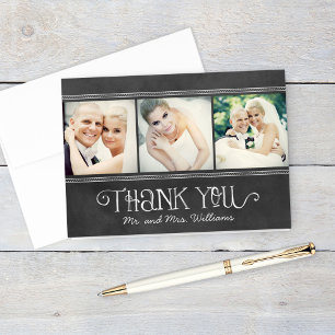 Rustic krijtbord drie foto's Mr en Mrs bruiloft Bedankkaart