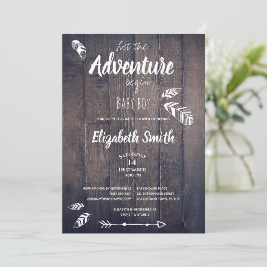 Rustic Laat het avontuur beginnen. Uitnodiging (Staand voorkant)