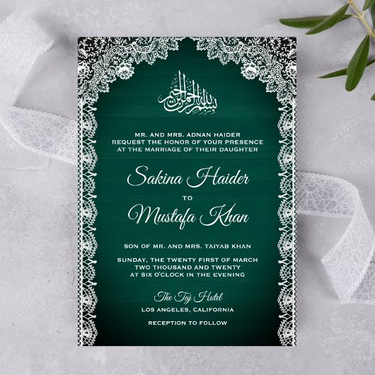  Rustic Lace Blauwgroen Green Islamic Wedding Kaart