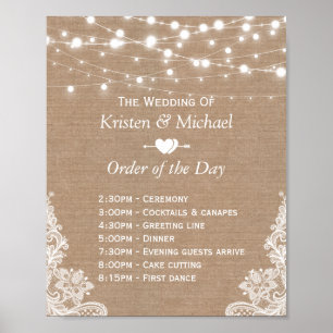 Rustic Lace Burlap Order of the Day Wedding Sign Poster