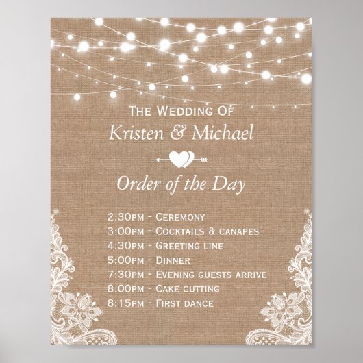 Rustic Lace Burlap Order of the Day Wedding Sign Poster (Voorkant)