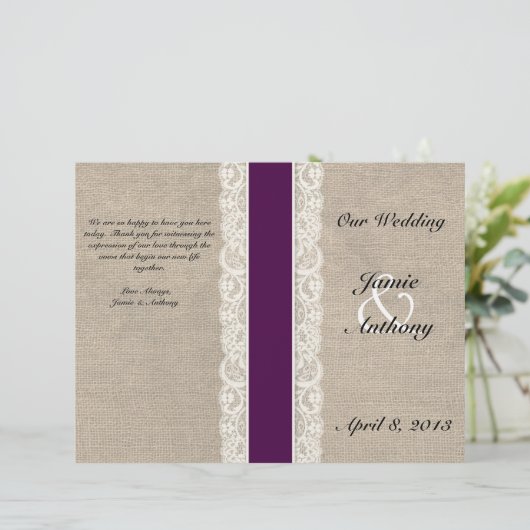 Rustic Lace & Burlap Plum Ribbon Wedding Programme (Debout devant)