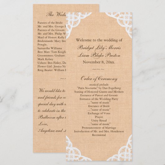 Rustic Lace & Burlap Programme de mariage (Devant / Derrière)