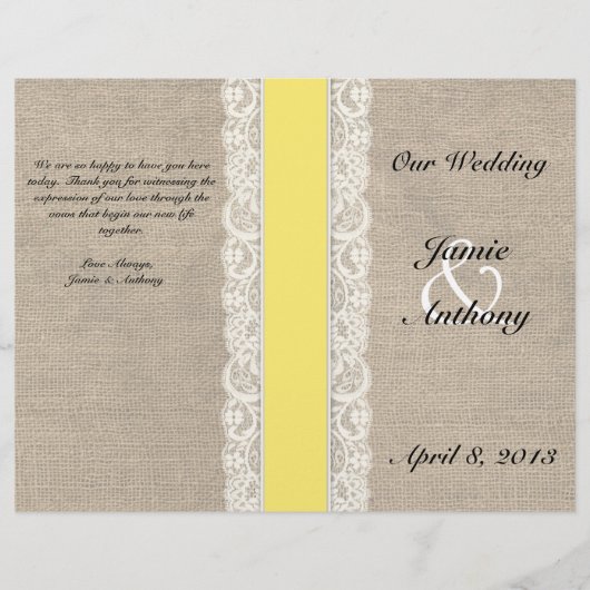 Rustic Lace & Burlap Programme de mariage au ruban (Devant)