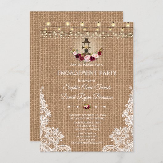 Rustic Lace Burlap String-lampjes Engagement Party Kaart (Voorkant / Achterkant)