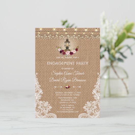 Rustic Lace Burlap String-lampjes Engagement Party Kaart (Staand voorkant)