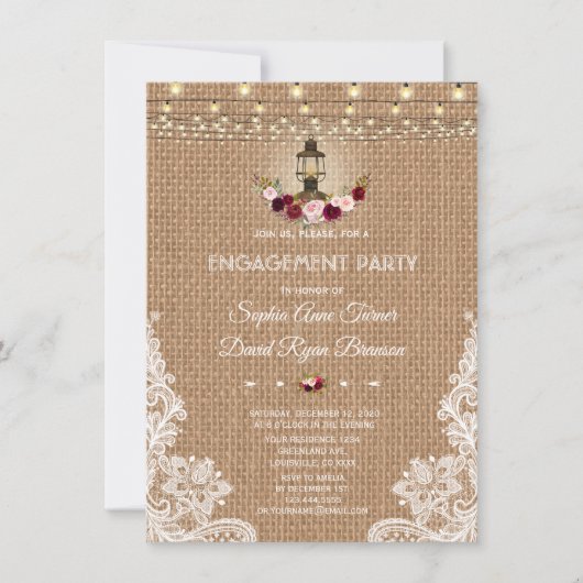 Rustic Lace Burlap String-lampjes Engagement Party Kaart (Voorkant)