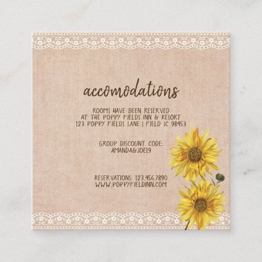Rustic Lace & Burlap Sunflower Wedding Informatiekaartje (Voorkant)