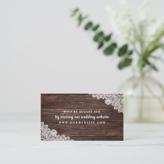 Rustic Lace en Wood Rsvp Informatiekaartje (Staand voorkant)