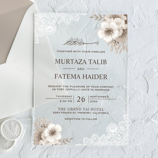 Rustic Lace Ivory Floral Islamic Wedding Acryl Uitnodigingen