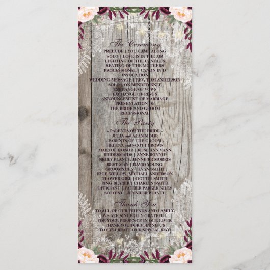 Rustic Lace Jar Wood String Lights Wedding Program Programma (Achterkant)