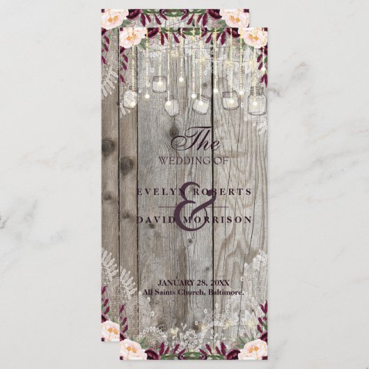 Rustic Lace Jar Wood String Lights Wedding Program Programma (Voorkant / Achterkant)
