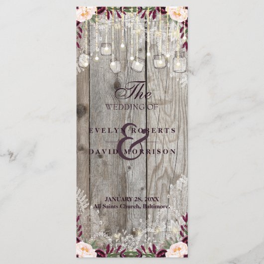 Rustic Lace Jar Wood String Lights Wedding Program Programma (Voorkant)